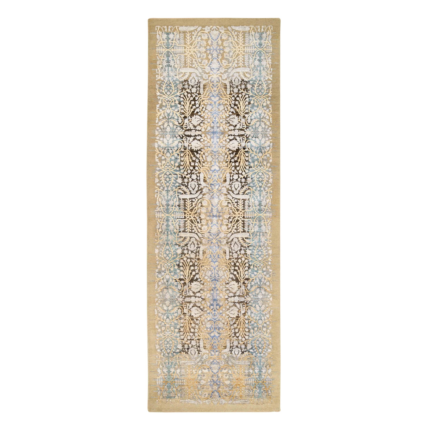 4'x12' Gold Brown, Silk With Textured Wool, Hand Knotted, Transitional Sarouk, Oriental, Wide Runner Rug 